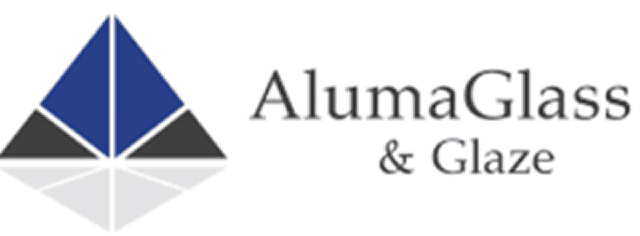 AlumaGlass & Glaze logo with blue geometric glass icon and serif text.