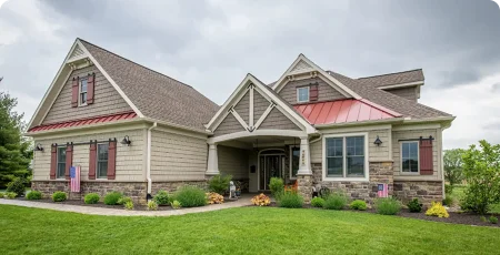 Beige stone suburban home with dark gables and manicured green lawn.