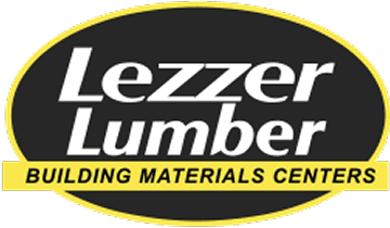 Lezzer Lumber logo with yellow oval, white italic text, and building materials centers tagline.