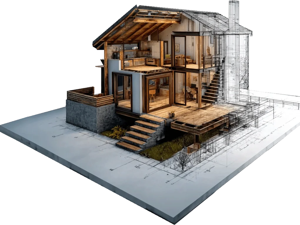 Modern two-story wood and glass house transitioning into blueprint wireframe cutaway.