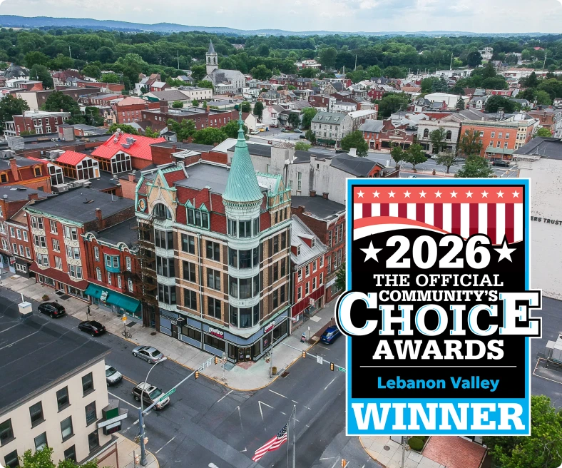 Lebanon Valley downtown aerial with historic brick tower and 2026 Community’s Choice Awards winner graphic.